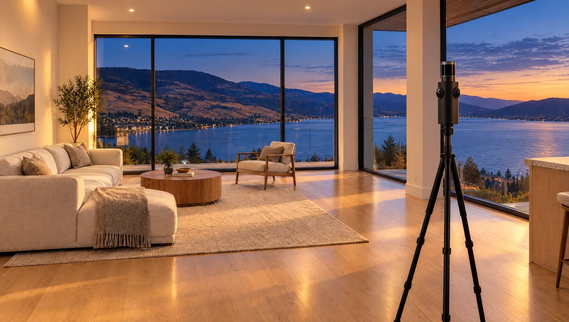 iGUIDE 3D tour camera on a tripod in a living room at twilight
