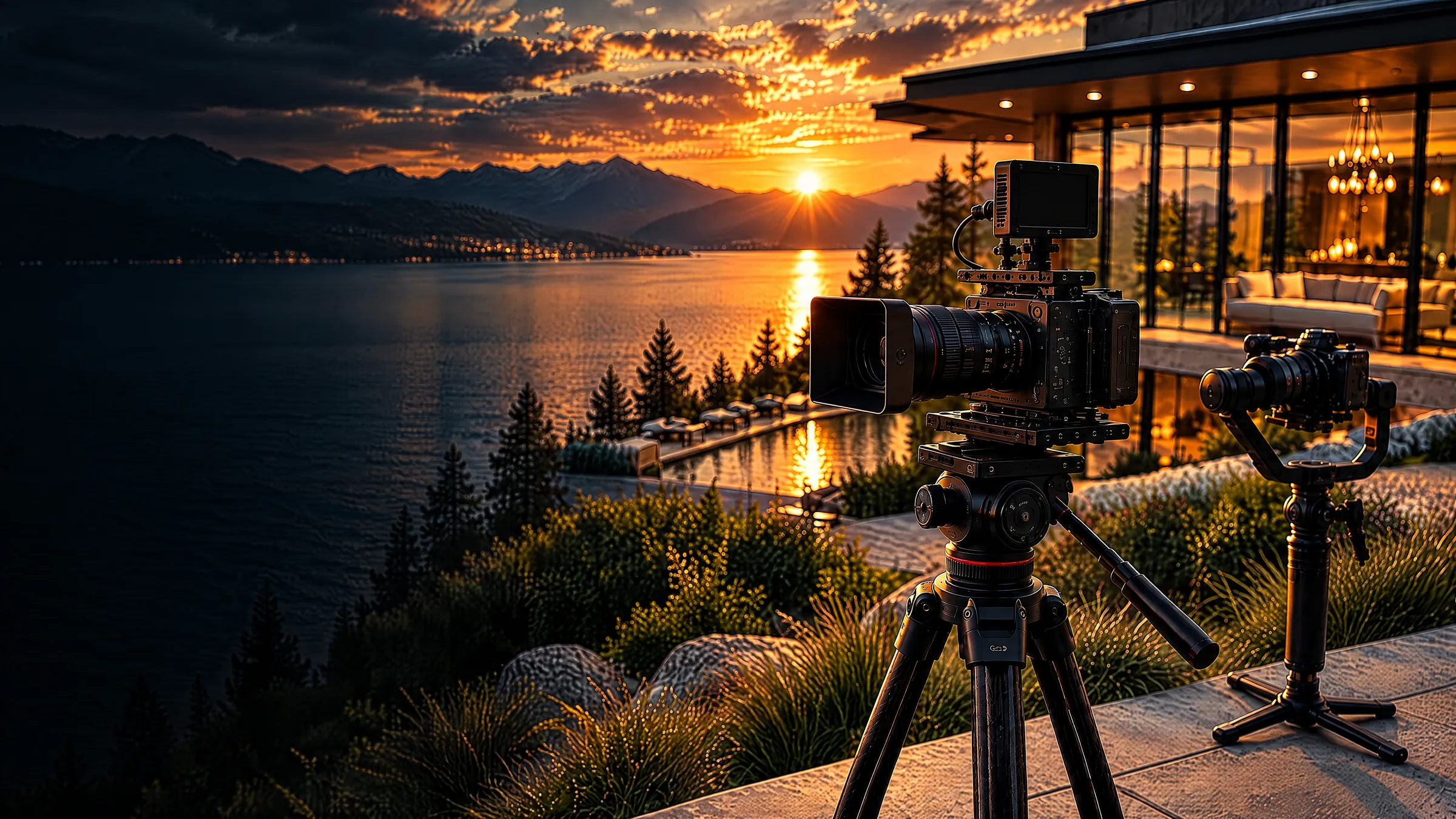 Cinema camera on a tripod and a gimbal at sunset above Okanagan Lake, with a modern lakefront home behind