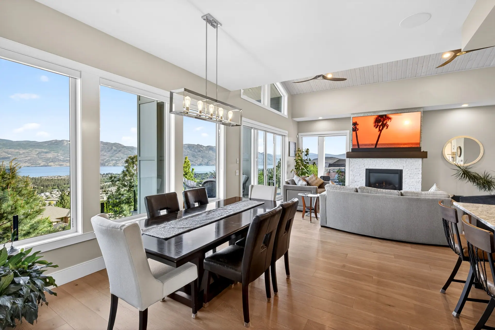 Bright great room with Okanagan Lake views in a West Kelowna home, real estate photo by Pixel Pro
