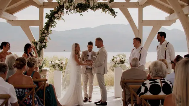 Ceremony: Stephanie & Julian's wedding at Sanctuary Gardens, West Kelowna. Still from the Pixel Pro wedding film.