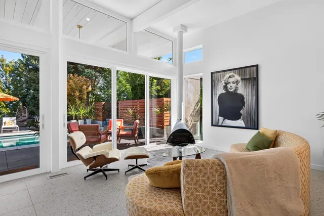 Living room, mid-century modern home in West Kelowna, BC. Real estate photography by Pixel Pro Productions.